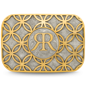 A custom ranch belt buckle featuring a personalized logo or ranch brand on a german silver matted base and golden bronze circles